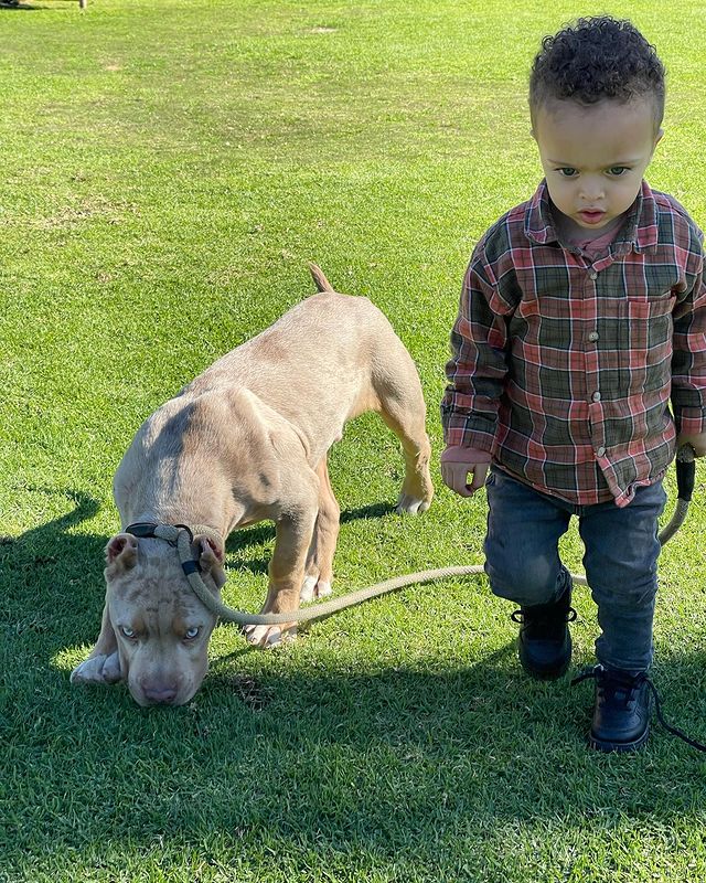 Jasir Leverette in a red check shirt and blue jeans walking with a dog.